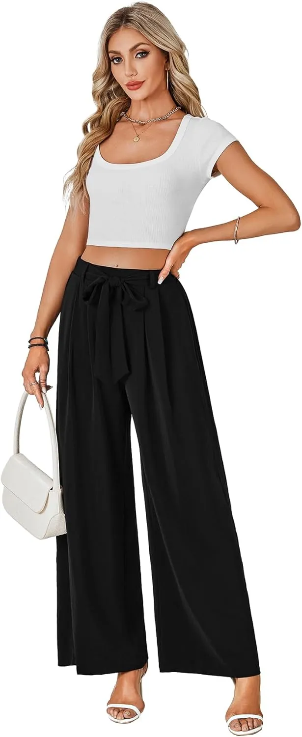 LYANER Women's Casual Loose Elastic Tie Knot Waist Wide Leg Pants Trousers with Pockets