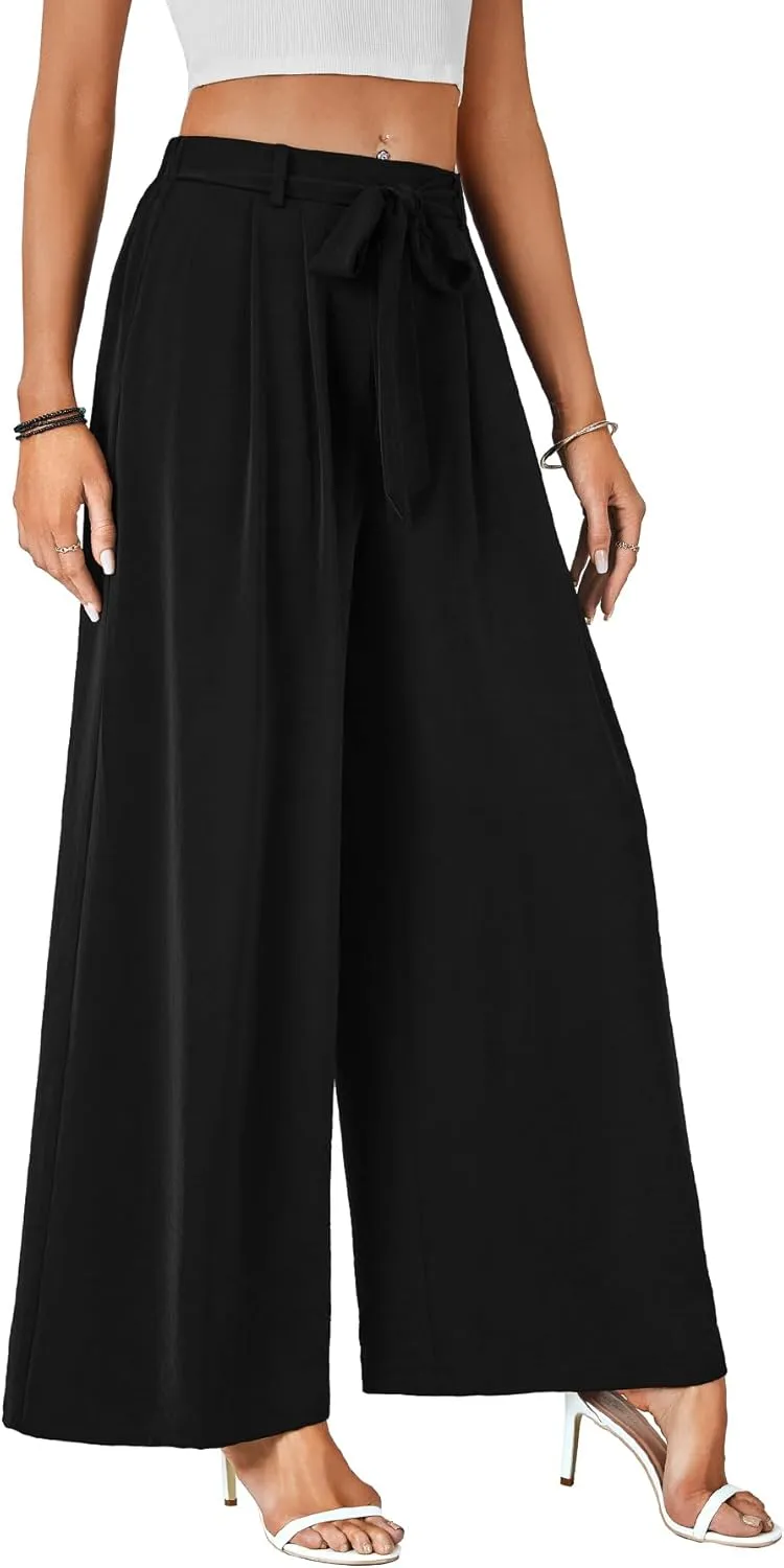 LYANER Women's Casual Loose Elastic Tie Knot Waist Wide Leg Pants Trousers with Pockets