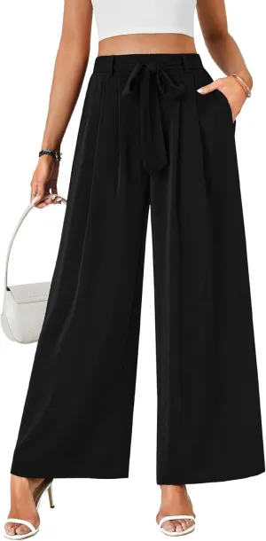 LYANER Women's Casual Loose Elastic Tie Knot Waist Wide Leg Pants Trousers with Pockets