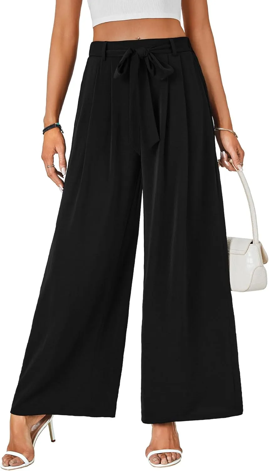 LYANER Women's Casual Loose Elastic Tie Knot Waist Wide Leg Pants Trousers with Pockets