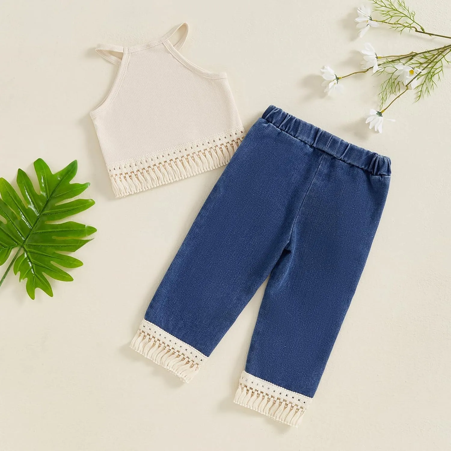 Madjtlqy Baby Girl Clothes Toddler Summer Outfits Tassel Camisole and Denim Pants Jeans 6 12 18 24 Months 2t 3t
