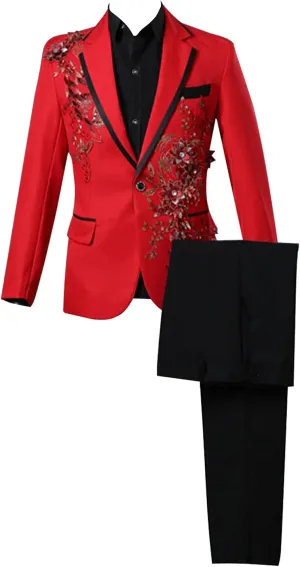 Mens 2 Pieces Luxury Embroidered Suits 1 Button Print Dinner Tuxedo Jacket Prom Wedding Elegant Blazer Dress Suit