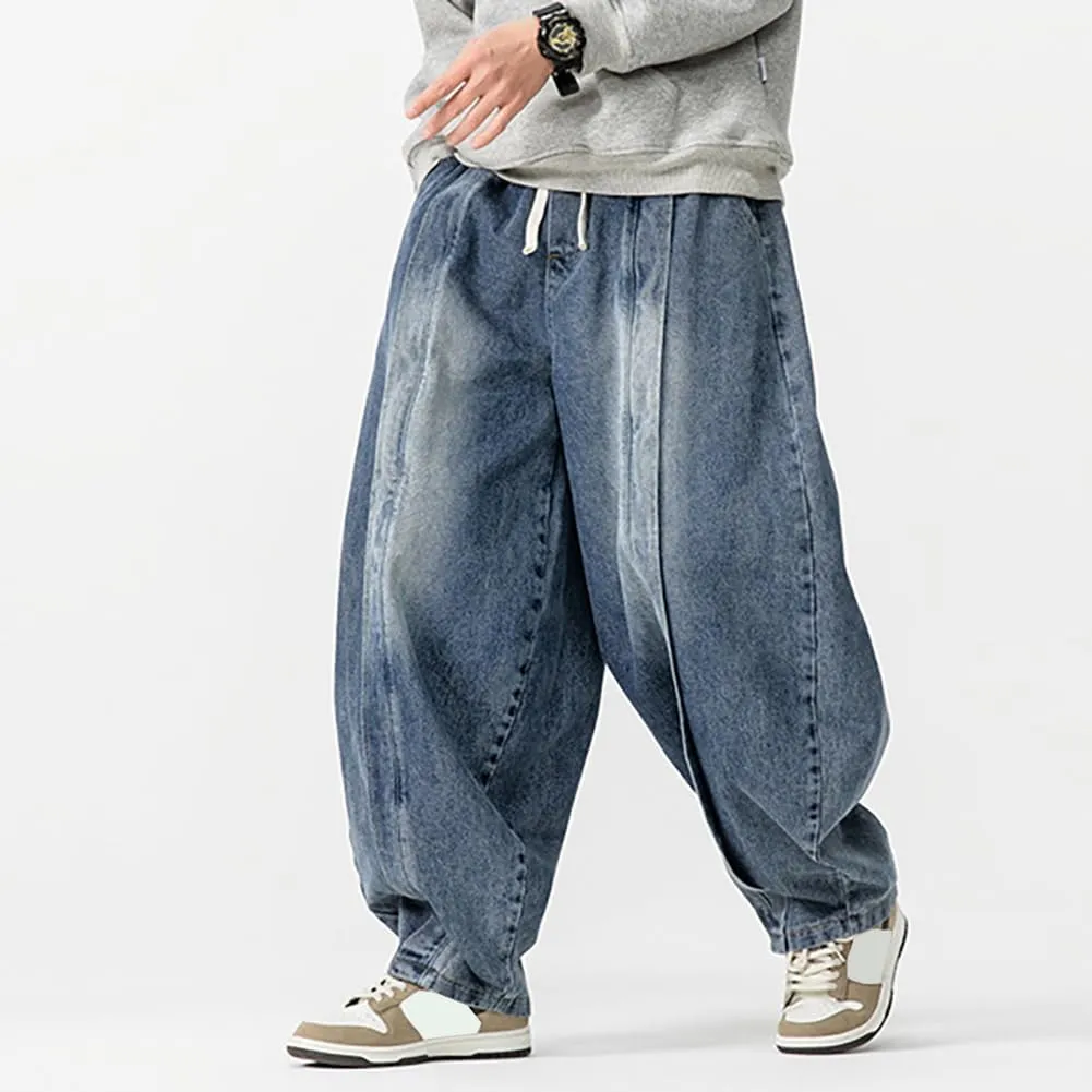 Mens Baggy Denim Harem Pants Elastic Waist Wide Leg Loose Jeans