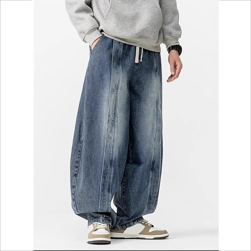 Mens Baggy Denim Harem Pants Elastic Waist Wide Leg Loose Jeans