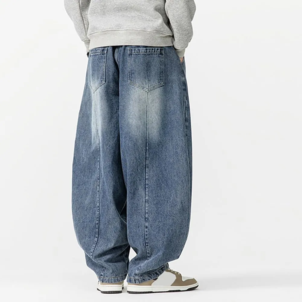 Mens Baggy Denim Harem Pants Elastic Waist Wide Leg Loose Jeans
