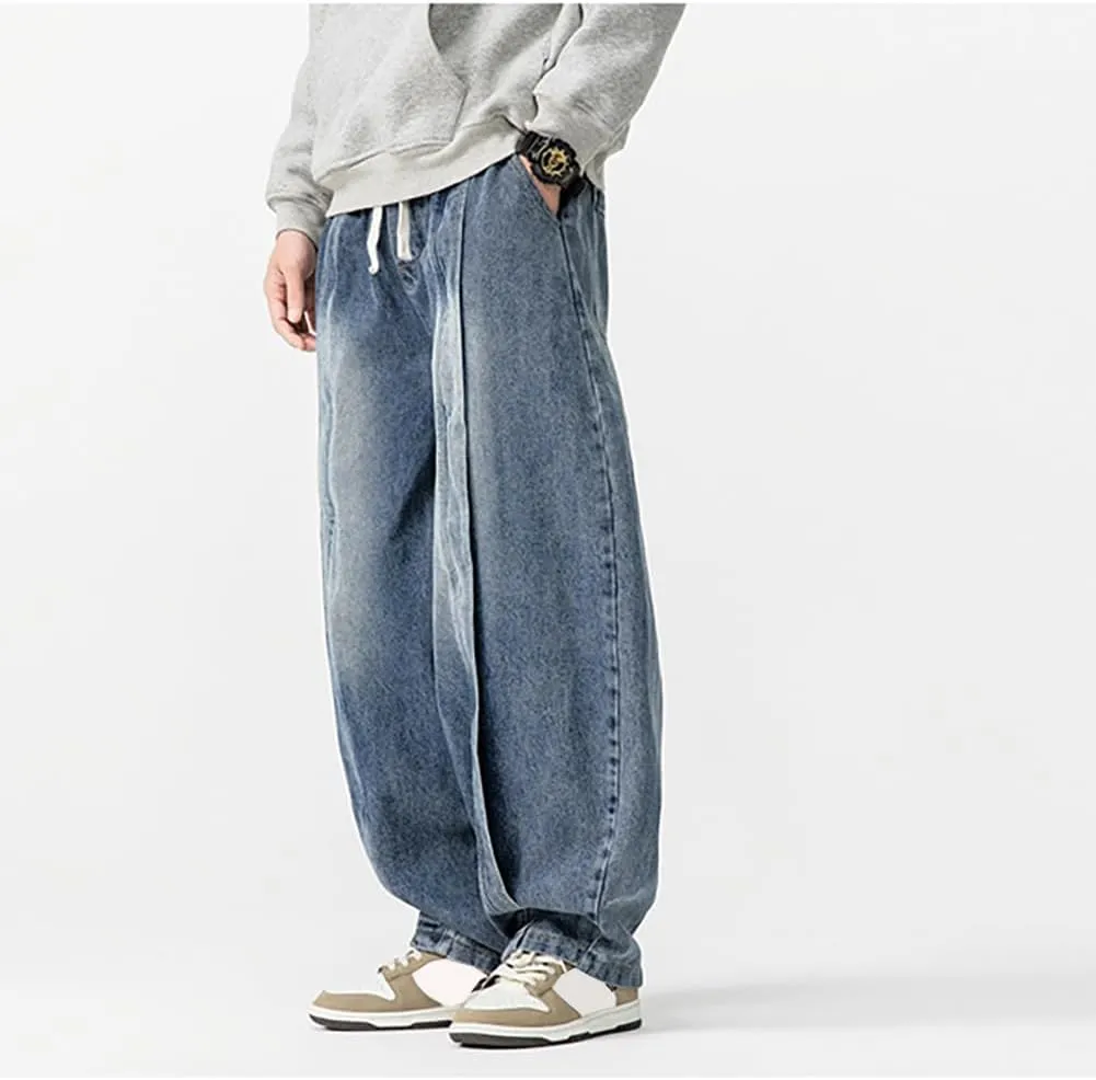 Mens Baggy Denim Harem Pants Elastic Waist Wide Leg Loose Jeans