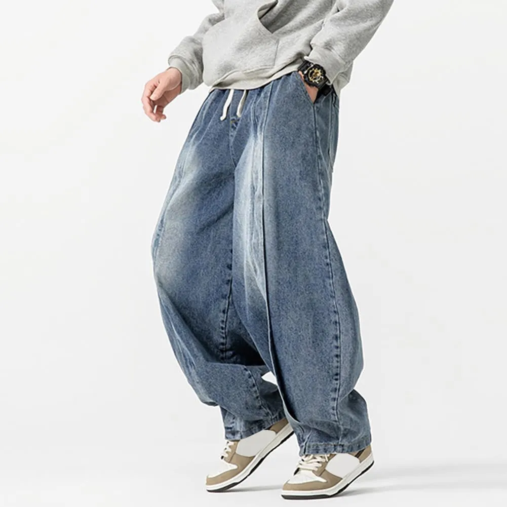 Mens Baggy Denim Harem Pants Elastic Waist Wide Leg Loose Jeans