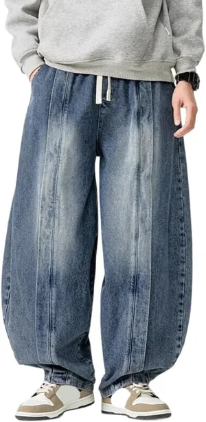 Mens Baggy Denim Harem Pants Elastic Waist Wide Leg Loose Jeans