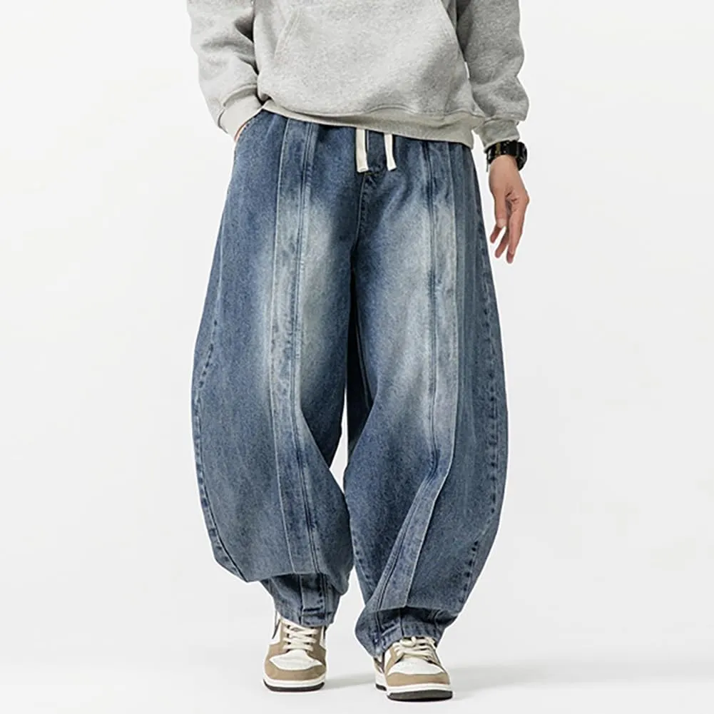Mens Baggy Denim Harem Pants Elastic Waist Wide Leg Loose Jeans