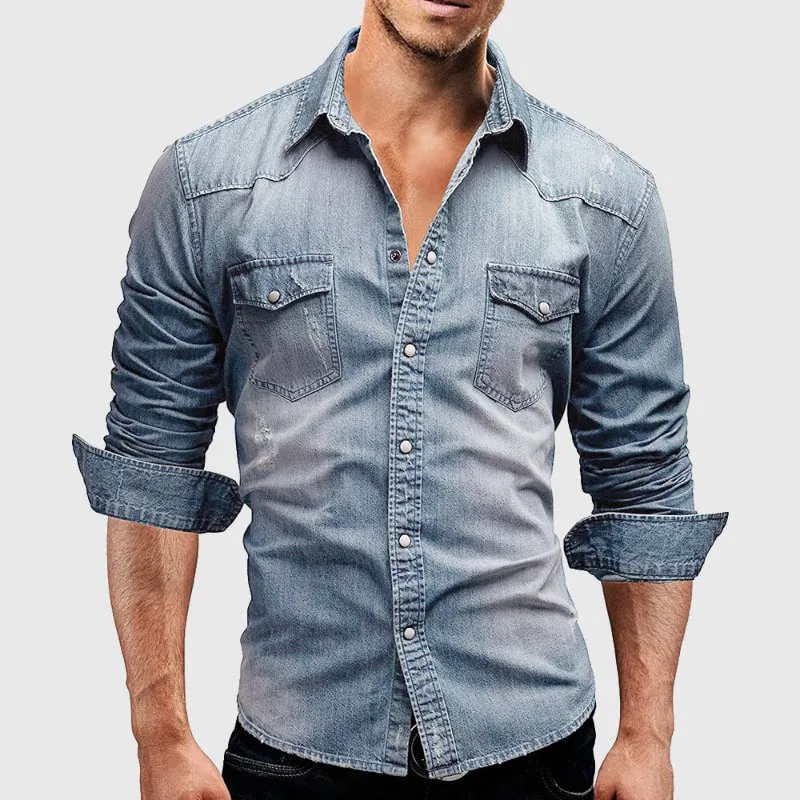 Mens Denim Shirt  Slim Fit  Long Sleeve  Button Down  Chest Pockets