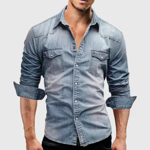 Mens Denim Shirt  Slim Fit  Long Sleeve  Button Down  Chest Pockets
