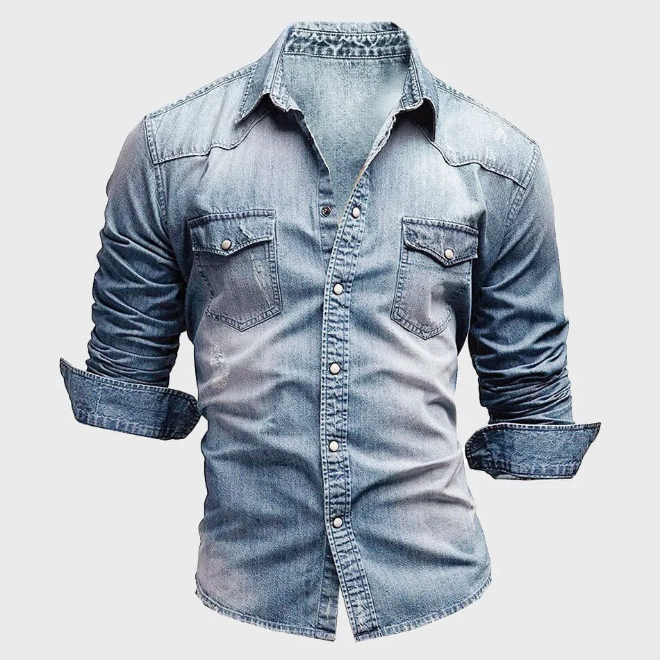 Mens Denim Shirt  Slim Fit  Long Sleeve  Button Down  Chest Pockets
