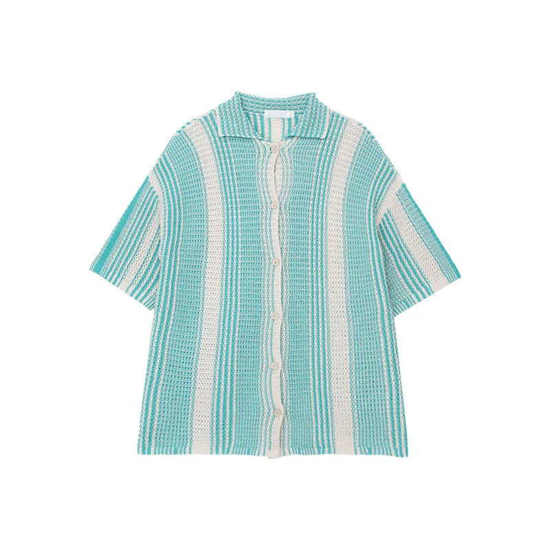 Mens Knit Shirt  Loose Fit  Short Sleeve  Button-Down  Breathable Striped