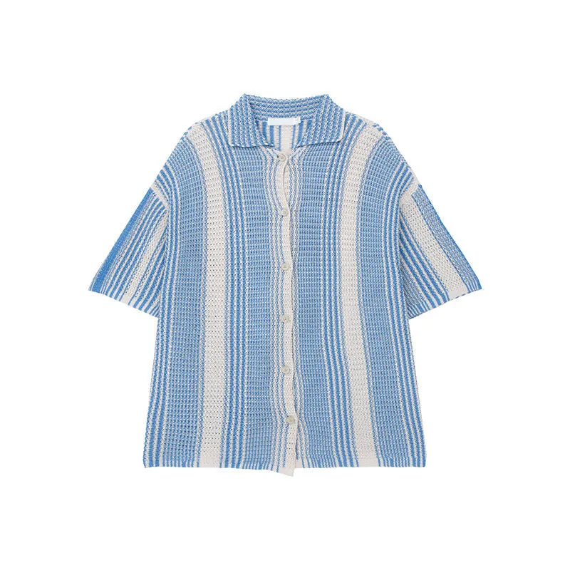 Mens Knit Shirt  Loose Fit  Short Sleeve  Button-Down  Breathable Striped