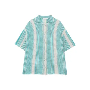 Mens Knit Shirt  Loose Fit  Short Sleeve  Button-Down  Breathable Striped