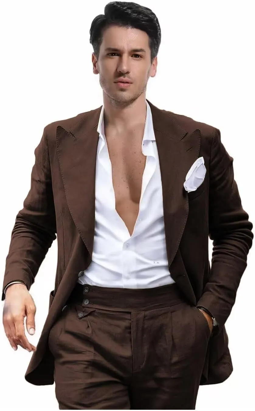 Mens Linen Suit for Beach Wedding Double Breasted Prom Tuxedos 2 Piece Peak Lapel Blazer Pants for Summer