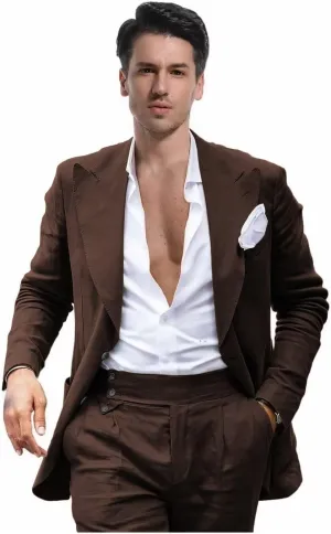 Mens Linen Suit for Beach Wedding Double Breasted Prom Tuxedos 2 Piece Peak Lapel Blazer Pants for Summer