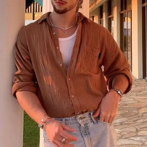 Mens Long Sleeve Shirt  Relaxed Fit  Cotton Blend  Button Down Casual Style