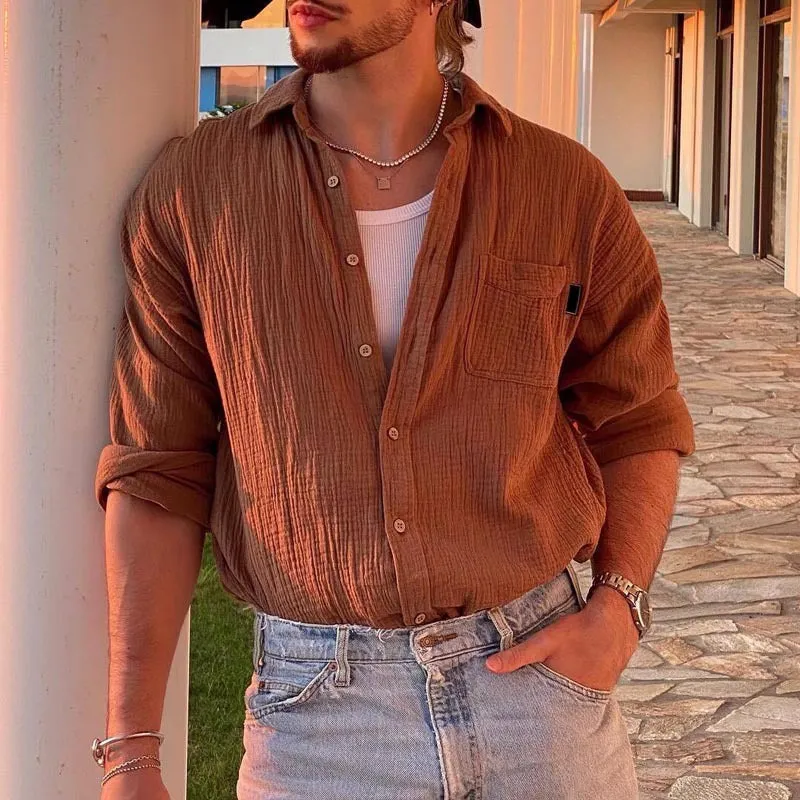 Mens Long Sleeve Shirt  Relaxed Fit  Cotton Blend  Button Down Casual Style
