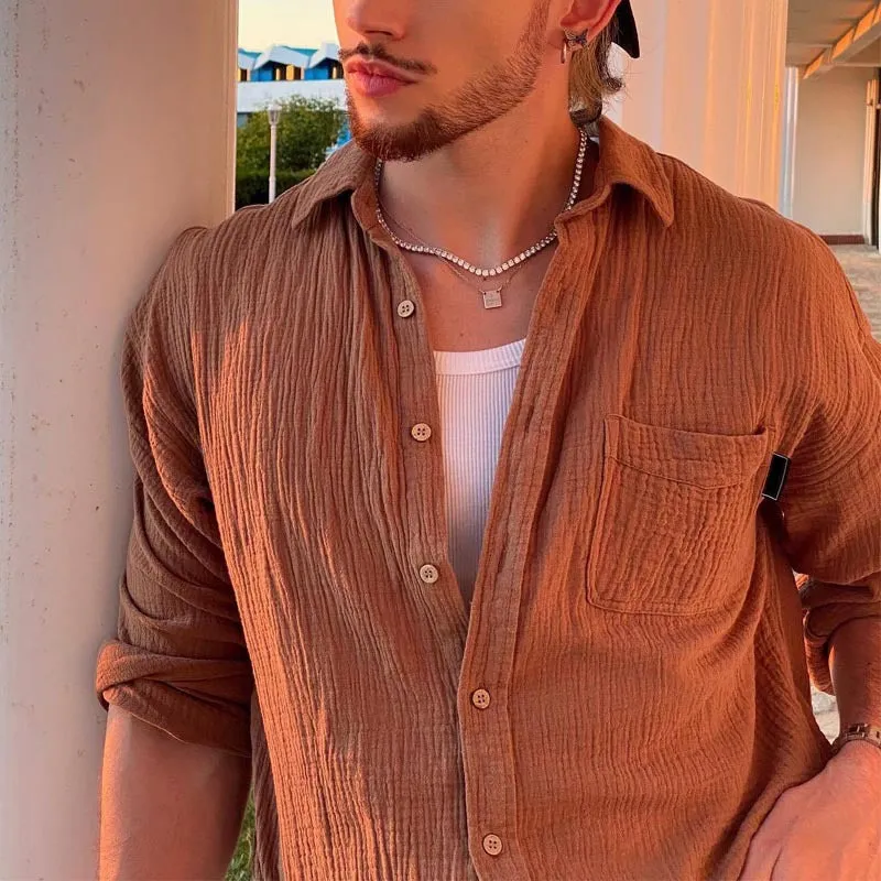 Mens Long Sleeve Shirt  Relaxed Fit  Cotton Blend  Button Down Casual Style