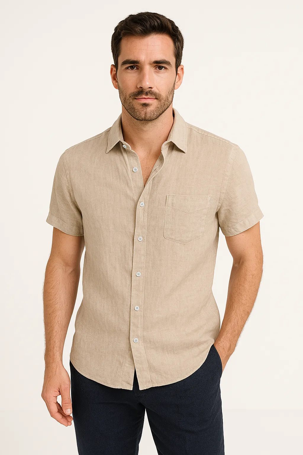 Mens Shirt  Linen Blend  Relaxed Fit  Short Sleeve  Button Down Casual Style