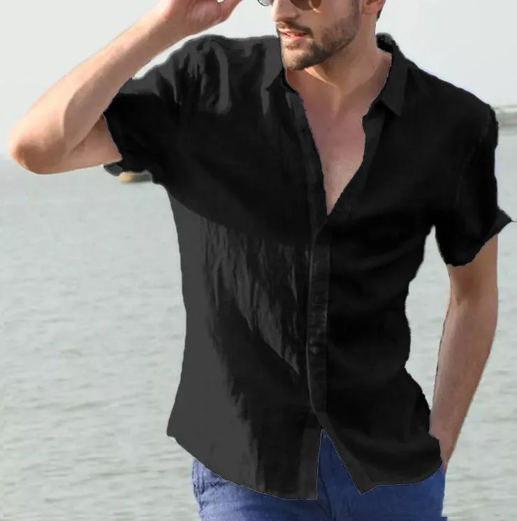 Mens Shirt  Linen Blend  Relaxed Fit  Short Sleeve  Button Down Casual Style