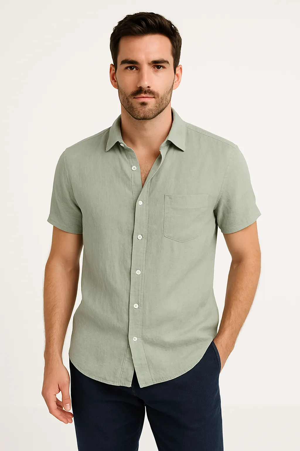 Mens Shirt  Linen Blend  Relaxed Fit  Short Sleeve  Button Down Casual Style