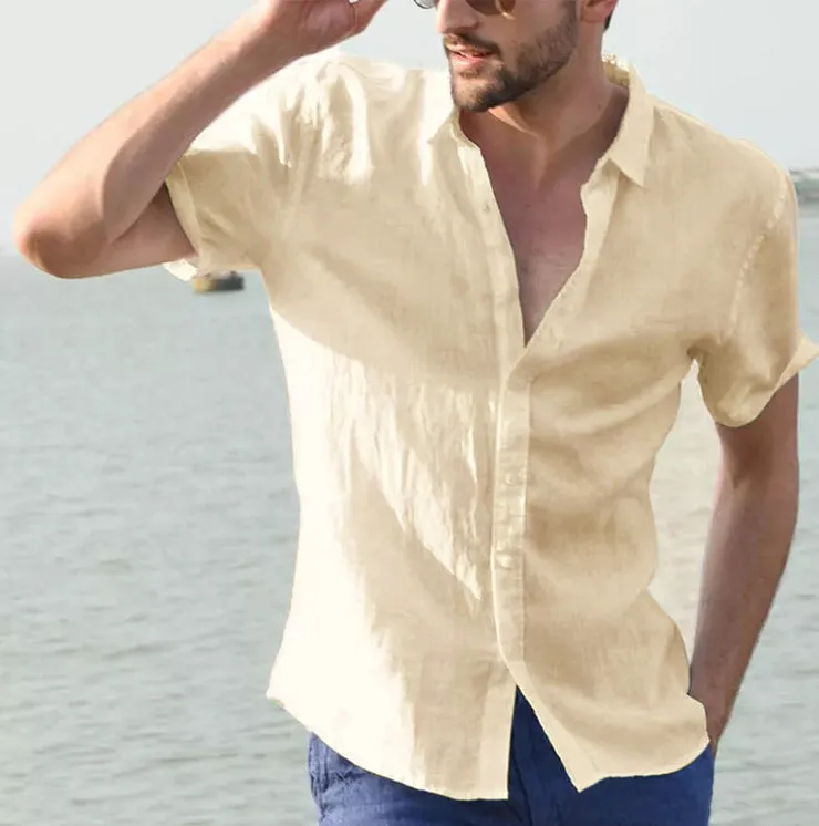Mens Shirt  Linen Blend  Relaxed Fit  Short Sleeve  Button Down Casual Style