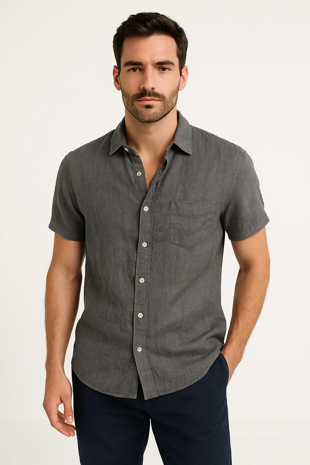 Mens Shirt  Linen Blend  Relaxed Fit  Short Sleeve  Button Down Casual Style