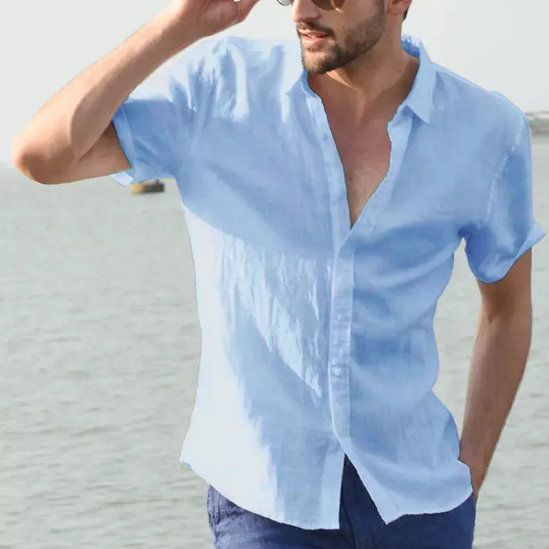 Mens Shirt  Linen Blend  Relaxed Fit  Short Sleeve  Button Down Casual Style