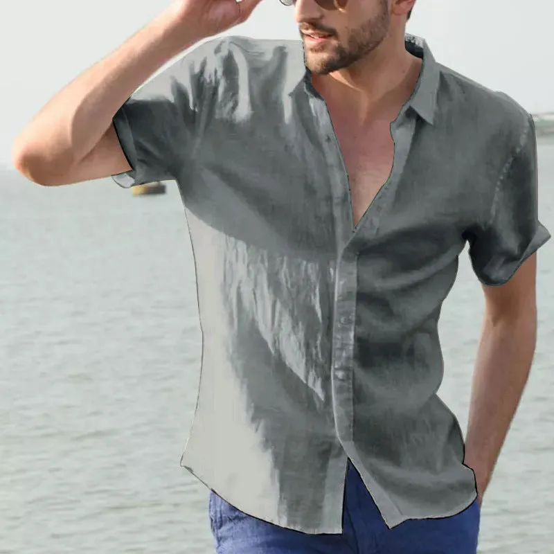 Mens Shirt  Linen Blend  Relaxed Fit  Short Sleeve  Button Down Casual Style