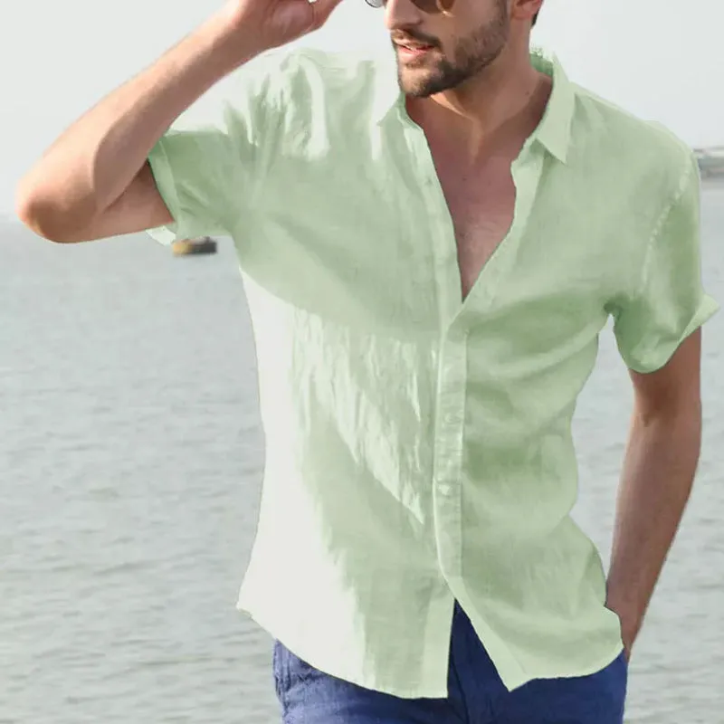 Mens Shirt  Linen Blend  Relaxed Fit  Short Sleeve  Button Down Casual Style
