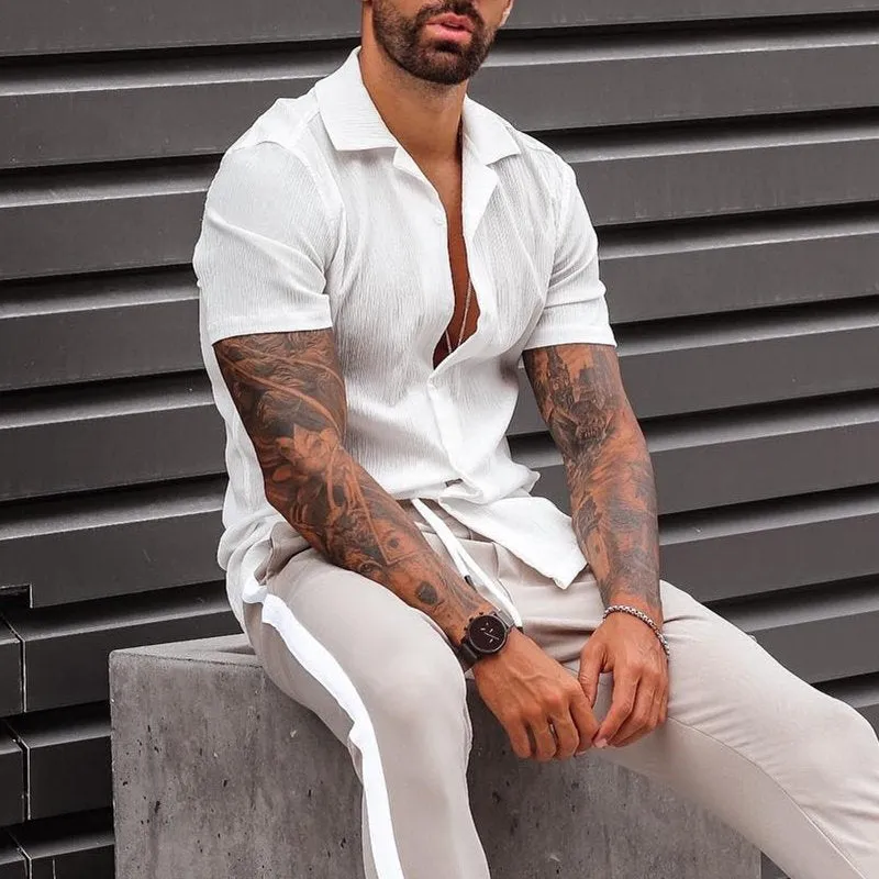Mens Short Sleeve Shirt  Cotton Linen Blend  Loose Fit  Button Down Casual Wear