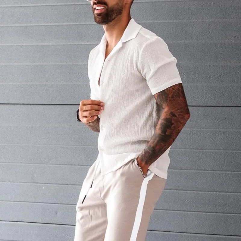 Mens Short Sleeve Shirt  Cotton Linen Blend  Loose Fit  Button Down Casual Wear