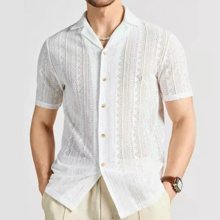 Mens Short-Sleeved Shirt  Relaxed Fit  Lightweight Knit  Lace Button-Down Casual