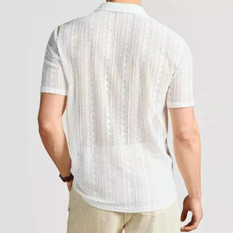 Mens Short-Sleeved Shirt  Relaxed Fit  Lightweight Knit  Lace Button-Down Casual