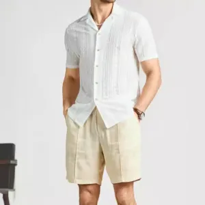 Mens Short-Sleeved Shirt  Relaxed Fit  Lightweight Knit  Lace Button-Down Casual