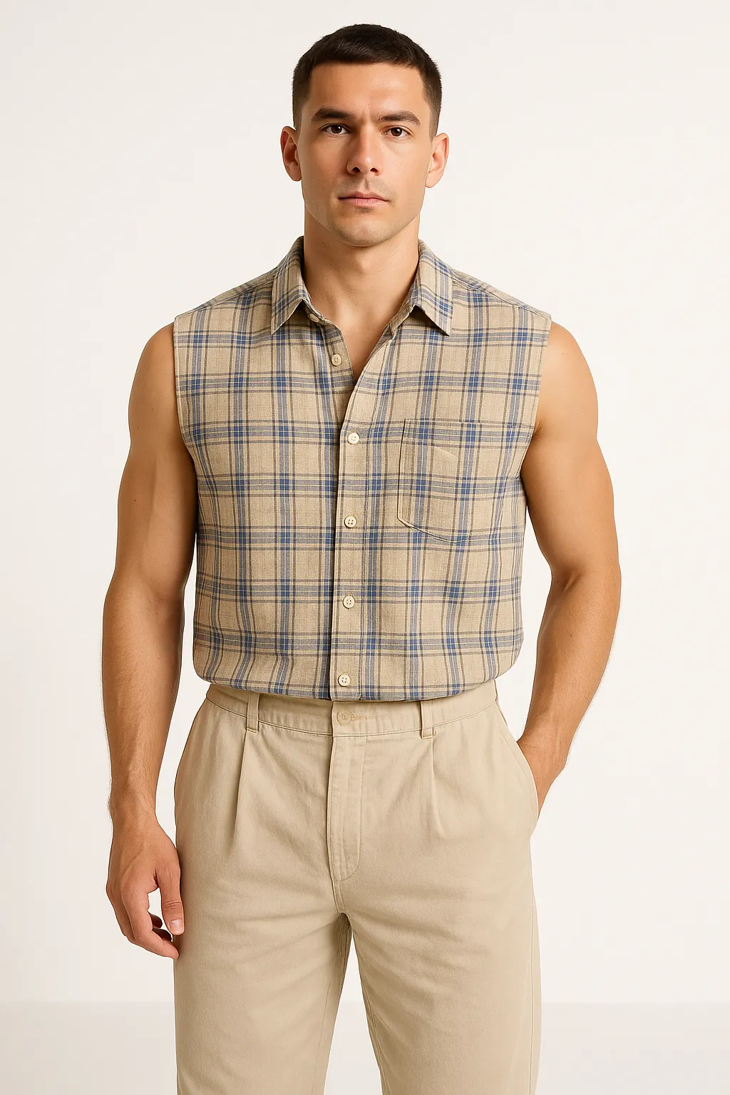 Men's Sleeveless Shirt  Loose Fit  Plaid Button-Down  Lightweight Breathable Casual