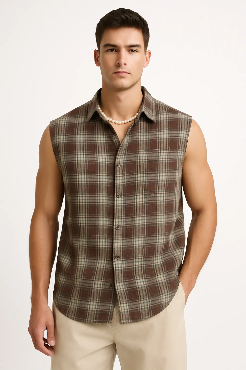 Men's Sleeveless Shirt  Loose Fit  Plaid Button-Down  Lightweight Breathable Casual