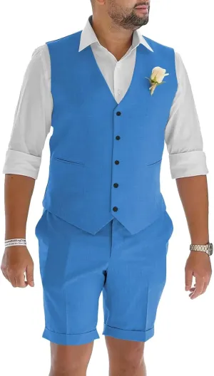 Mens Suits 2 Piece Casual Linen Suit for Men Retro Short Pants Suit Men Summer Beach Wedding Prom Vest Shorts Set