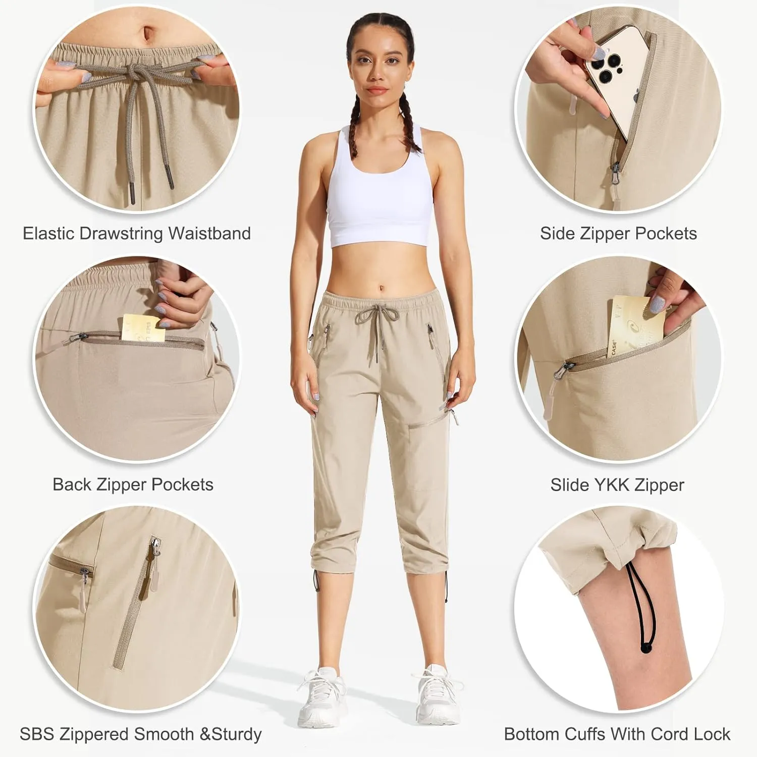 MOCOLY Women's Cargo Hiking Pants Elastic Waist Quick Dry Lightweight Outdoor Water Resistant UPF 50  Long Pants Zipper