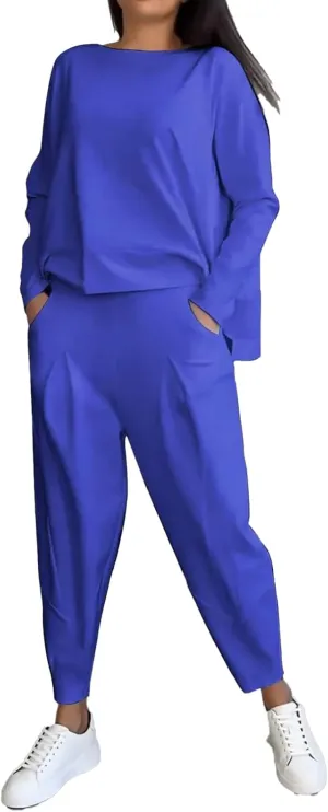 Molilove Women's Casual Two Piece Tracksuits Solid Color Long Sleeve Loose T-Shirt and Long Pants Set with Pockets Loungewear