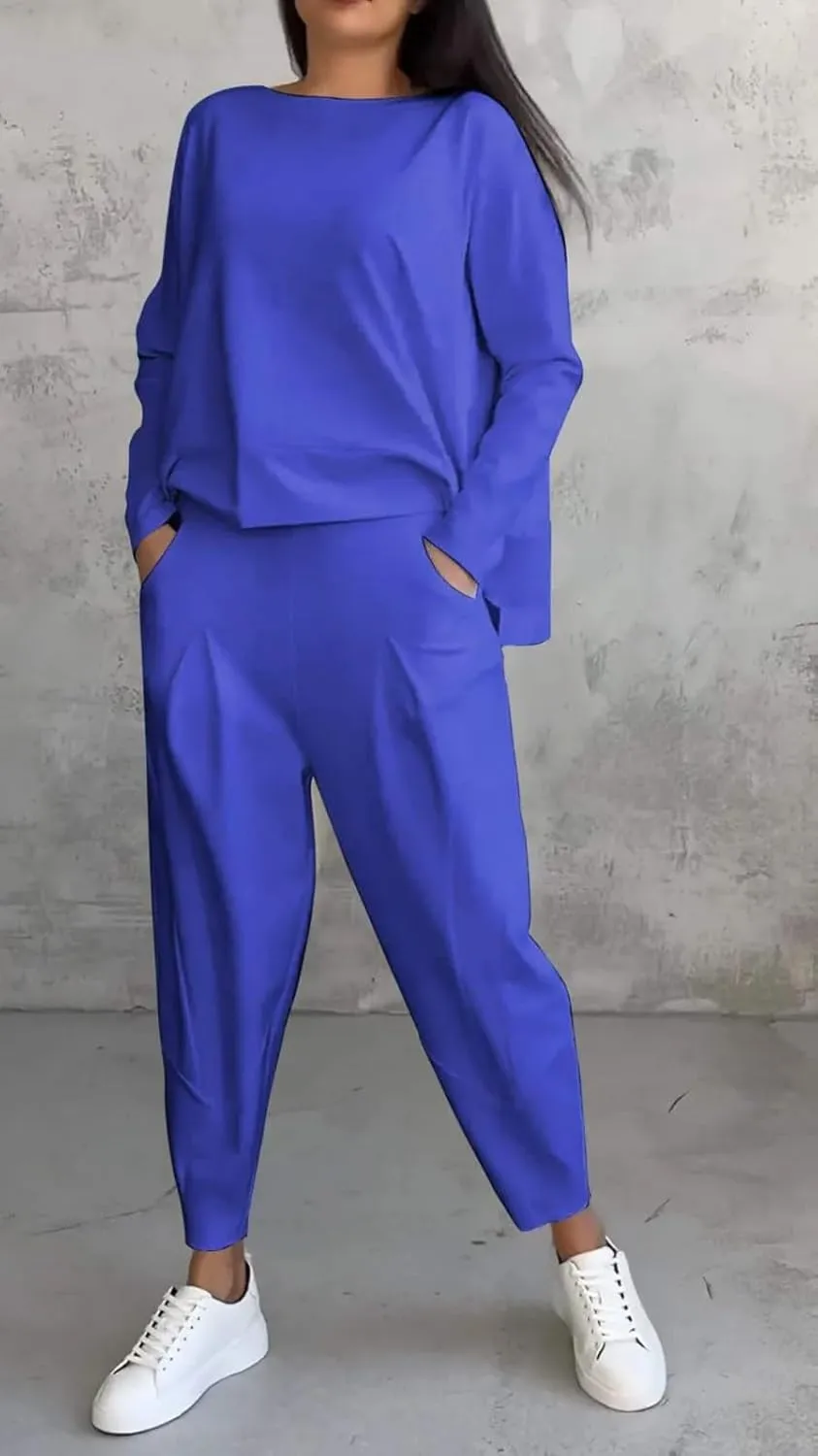 Molilove Women's Casual Two Piece Tracksuits Solid Color Long Sleeve Loose T-Shirt and Long Pants Set with Pockets Loungewear