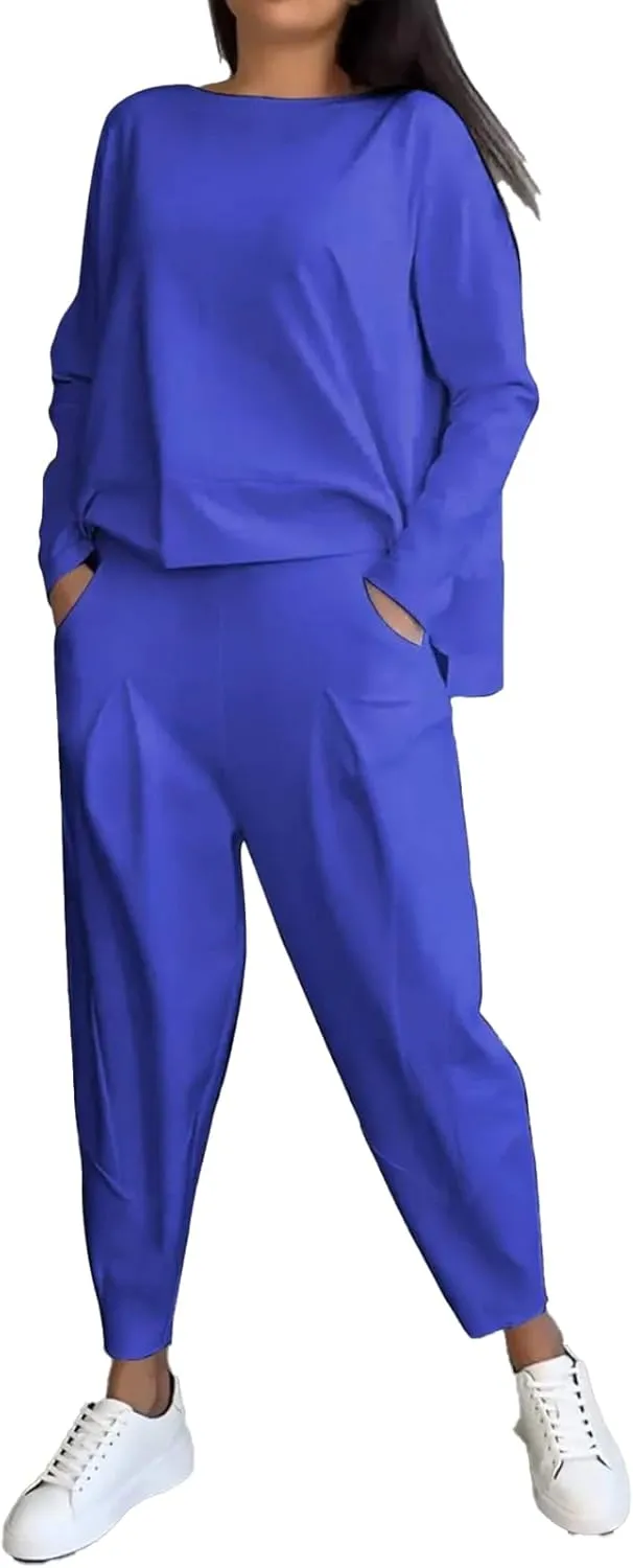 Molilove Women's Casual Two Piece Tracksuits Solid Color Long Sleeve Loose T-Shirt and Long Pants Set with Pockets Loungewear