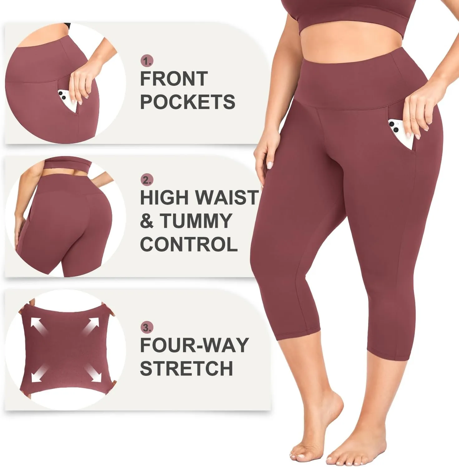 MOREFEEL Capri Plus Size Leggings for Women with Pockets-Stretchy XL-4XL Tummy Control High Waist Workout Black Yoga Pants