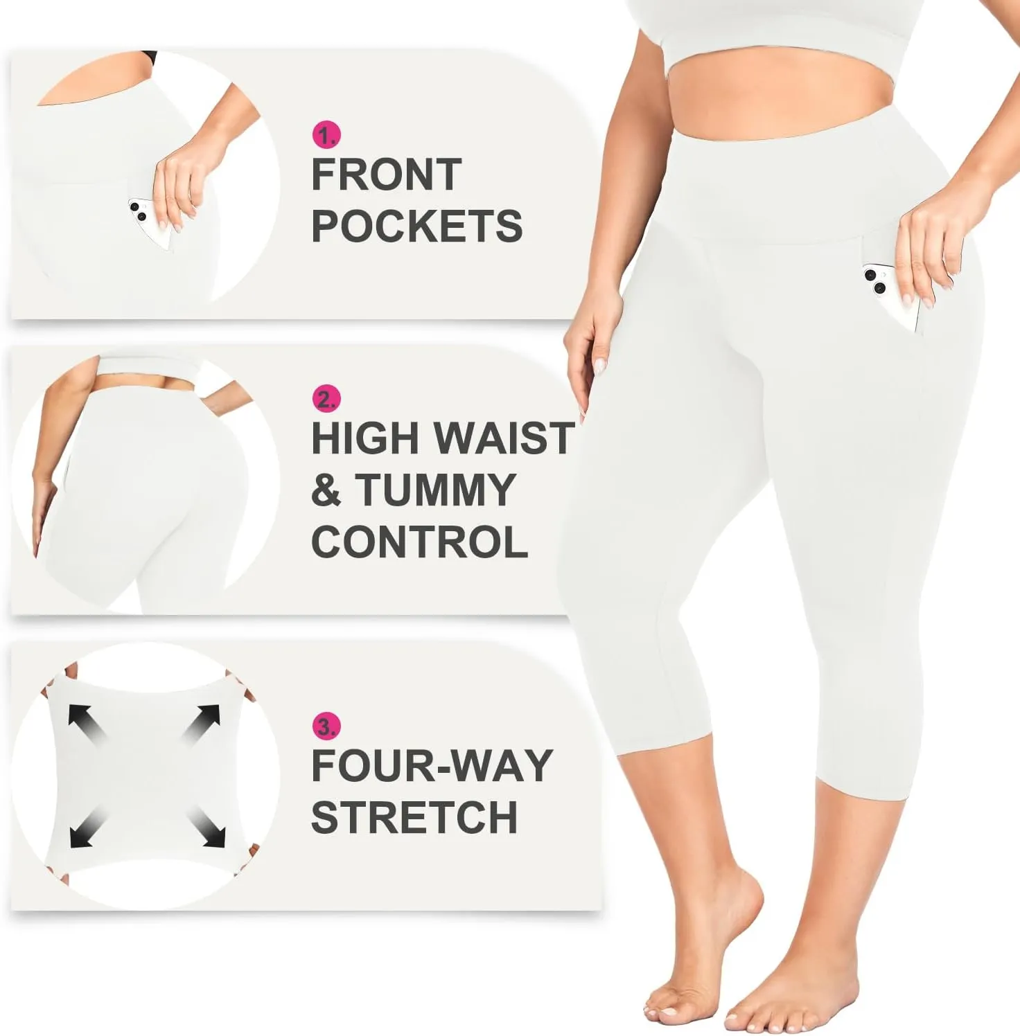 MOREFEEL Capri Plus Size Leggings for Women with Pockets-Stretchy XL-4XL Tummy Control High Waist Workout Black Yoga Pants