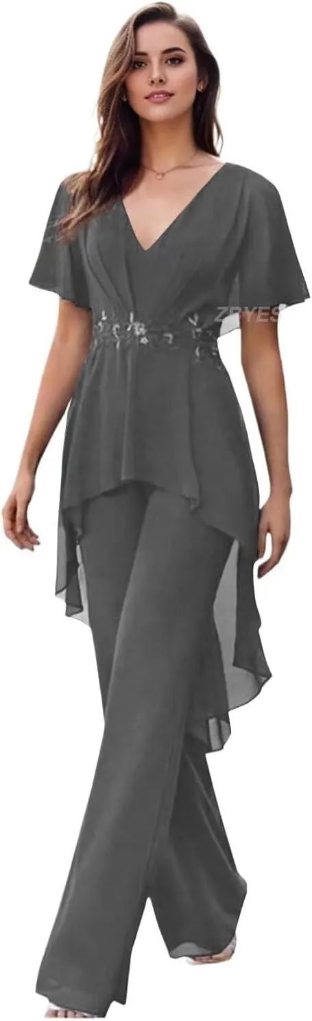Mother of The Bride Pantsuits for Wedding Chiffon V Neck Formal Outfits with Sleeves