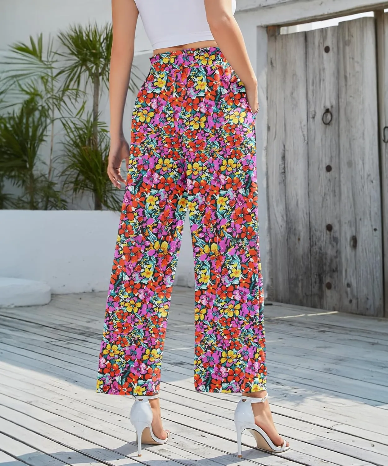NILOUFO Women's Casual Wide Leg Pants High Waisted Lightweight Loose Long Trousers with Pockets Adjustable Tie Knot