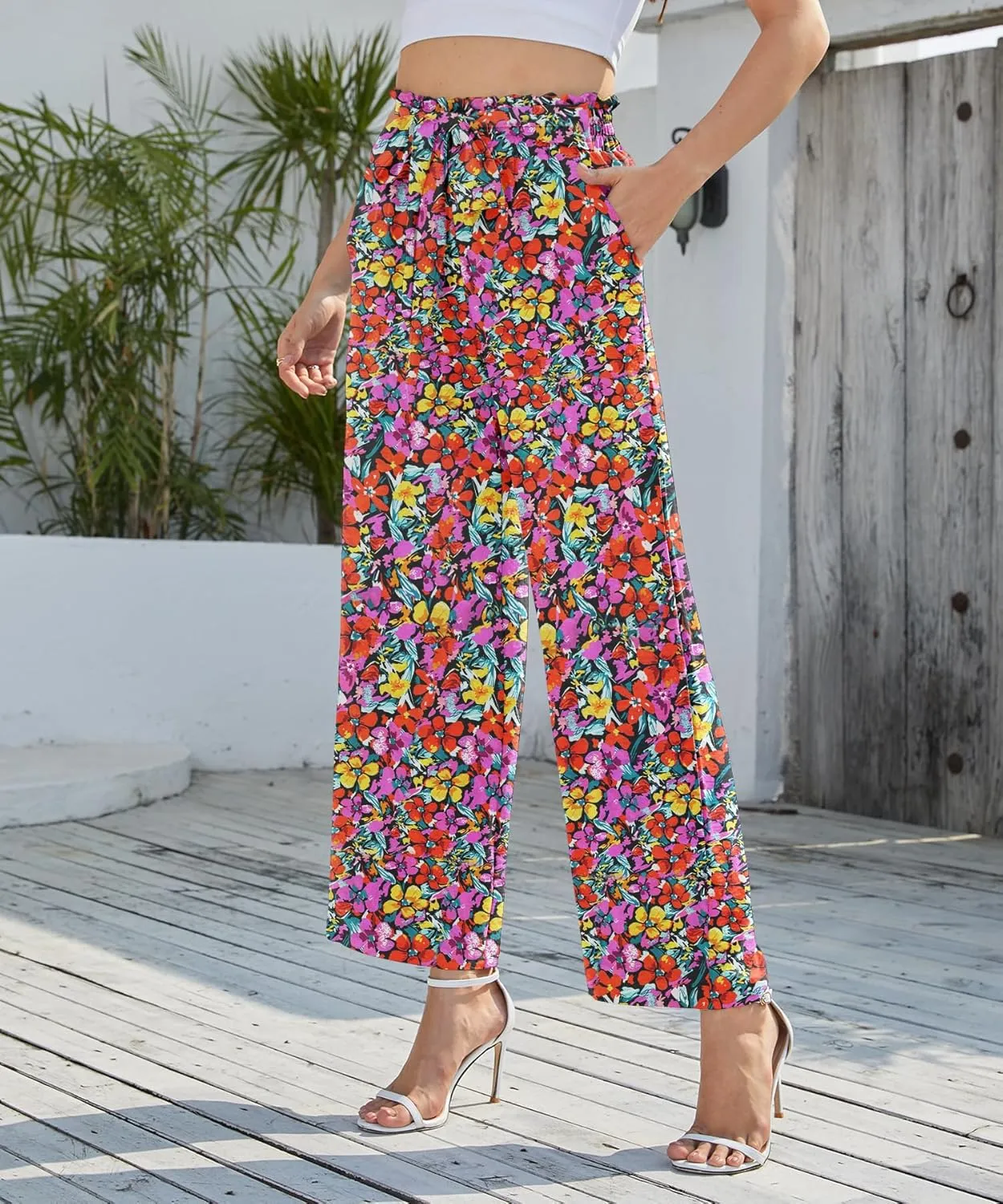 NILOUFO Women's Casual Wide Leg Pants High Waisted Lightweight Loose Long Trousers with Pockets Adjustable Tie Knot