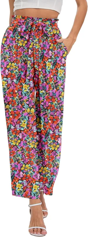 NILOUFO Women's Casual Wide Leg Pants High Waisted Lightweight Loose Long Trousers with Pockets Adjustable Tie Knot